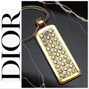 CHRISTIAN DIOR AUTH  Rhinestone & Signature Logo other side/Gold 15” Necklace
